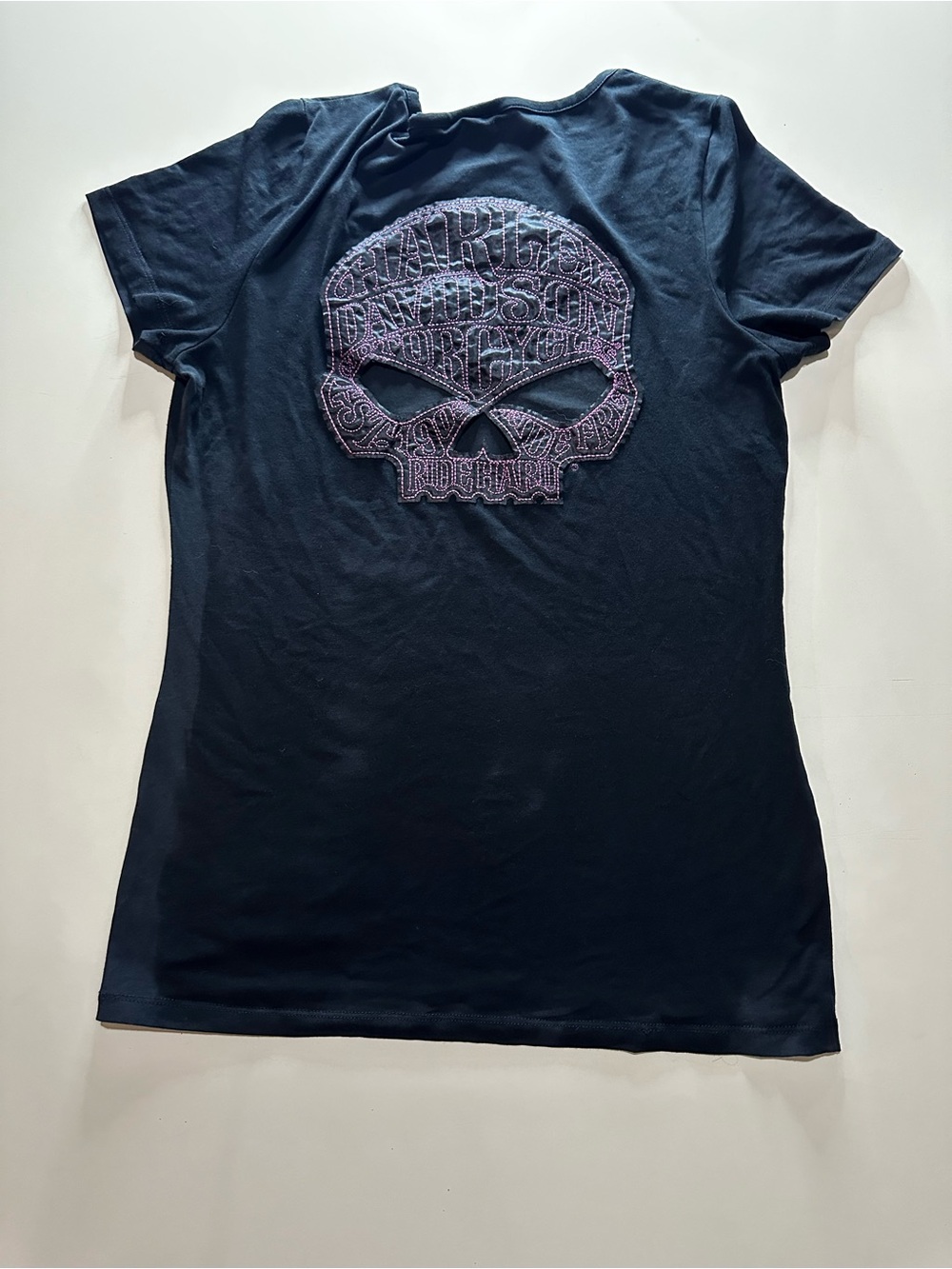 Harley-Davidson Black V-Neck Tee with Pink Accents and opening in the back. - Picture 2 of 11